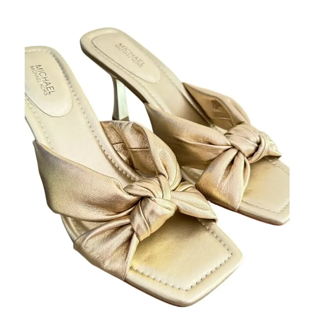 Michael Kors Metallic Gold Knot Bow Mule Heels Square Toe Size 8.5